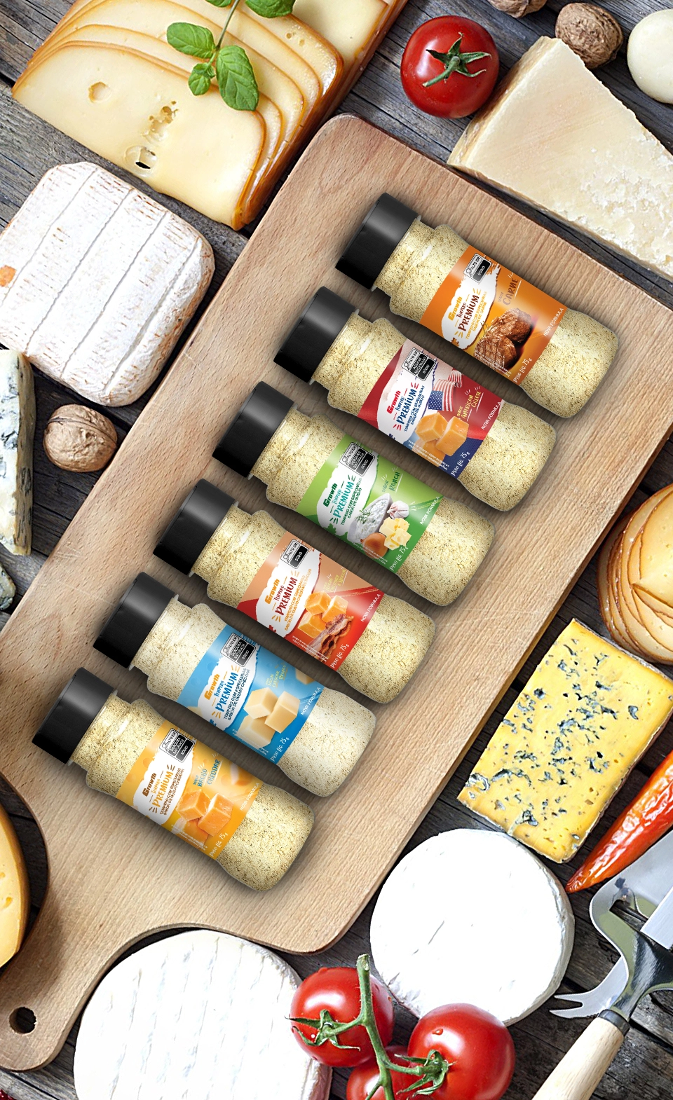 Mesa com todos os temperos da Growth Supplements em cima de uma tábua de madeira com ingredientes que remetem os sabores de cada tempero